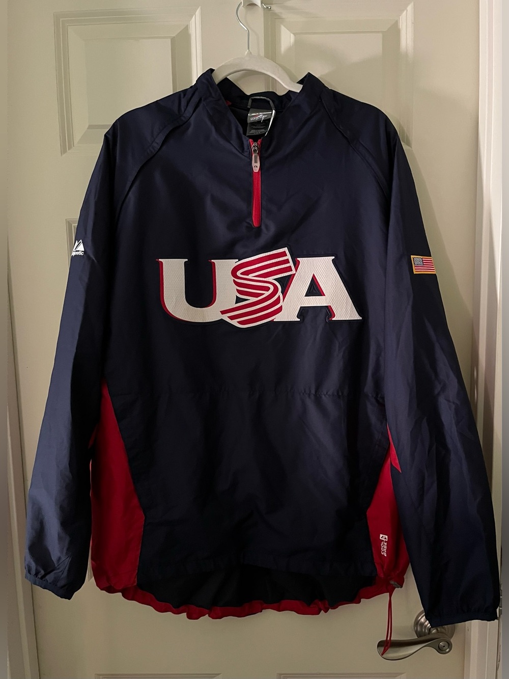 Men’s VTG Majestic Team USA Baseball Cool Base 1/4 Zip Pullover Jacket Navy Red